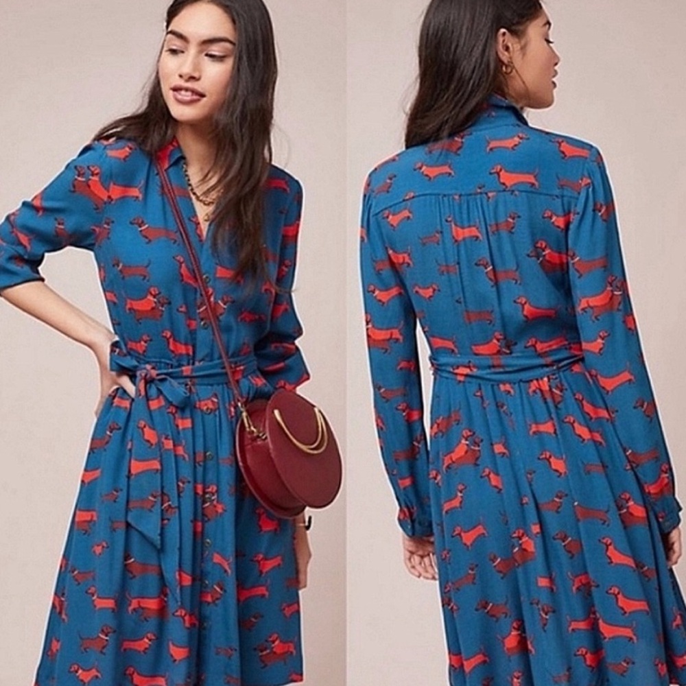 RARE: DACHSHUND 52 Conversations/Anthropologie Novelty Print Shirt Dress Size 8